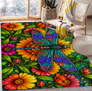 Dragonfly Floral Stained Glass Rectangular Area Rug