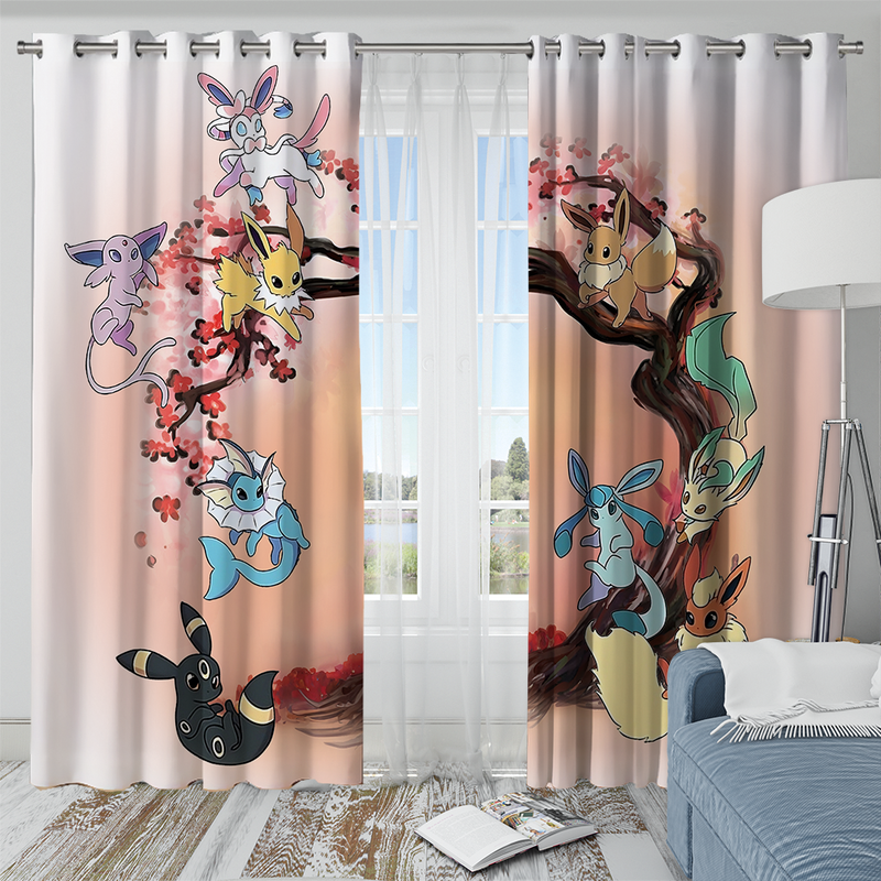 Eevee Pokemon Evolution Cherry Blossom Window Curtain