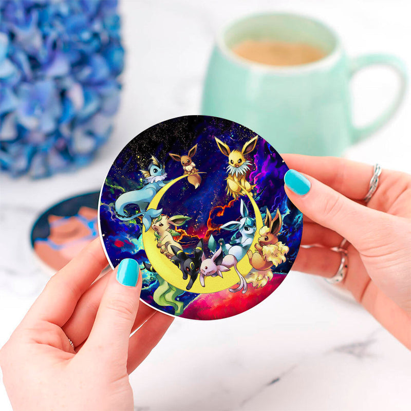 Eevee Evolution Pokemon Family Love You To The Moon Galaxy Ceramic Decor Coaster - Gift Idea