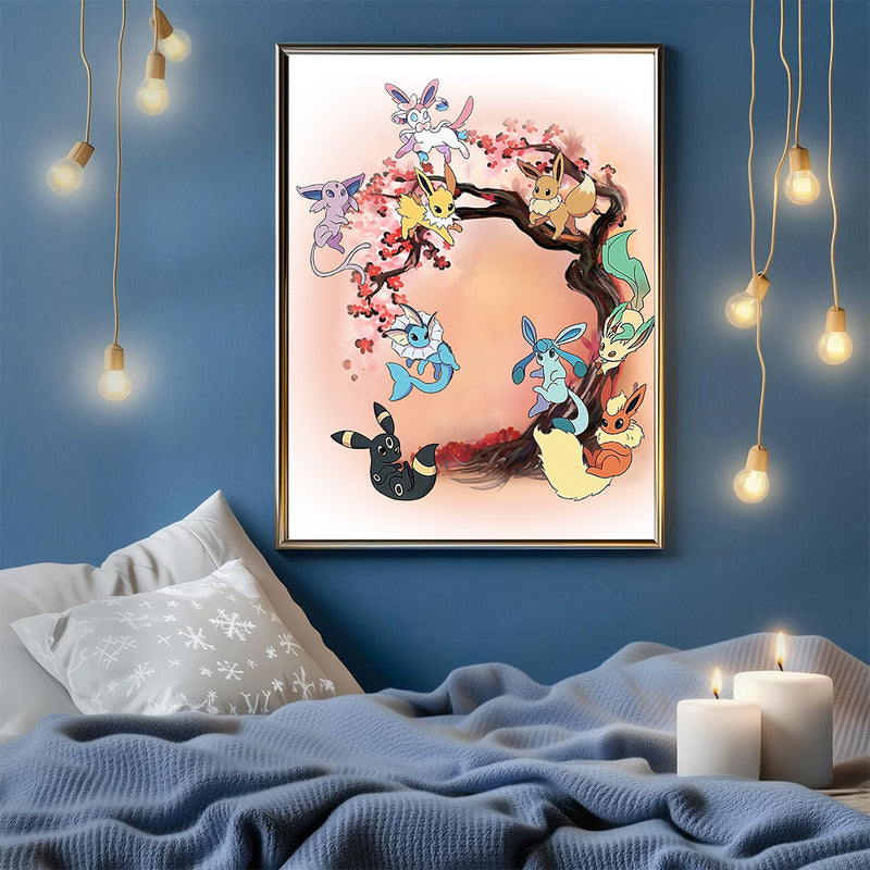 Eevee Pokemon Evolution Anime Cherry Blossom Japan - Living Room - Canvas Wall Art - Print - Wall Decor