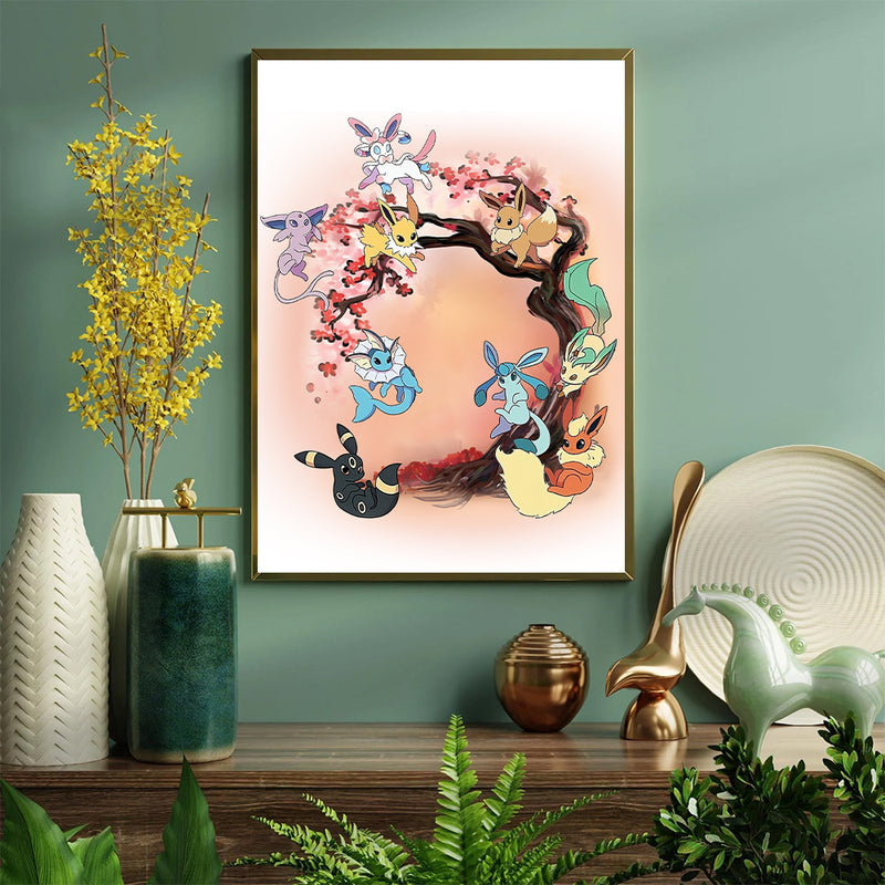 Eevee Pokemon Evolution Anime Cherry Blossom Japan - Living Room - Canvas Wall Art - Print - Wall Decor