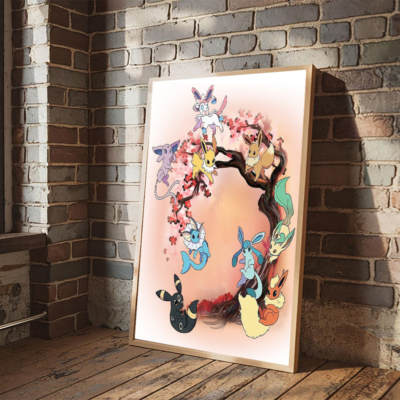 Eevee Pokemon Evolution Anime Cherry Blossom Japan - Living Room - Canvas Wall Art - Print - Wall Decor