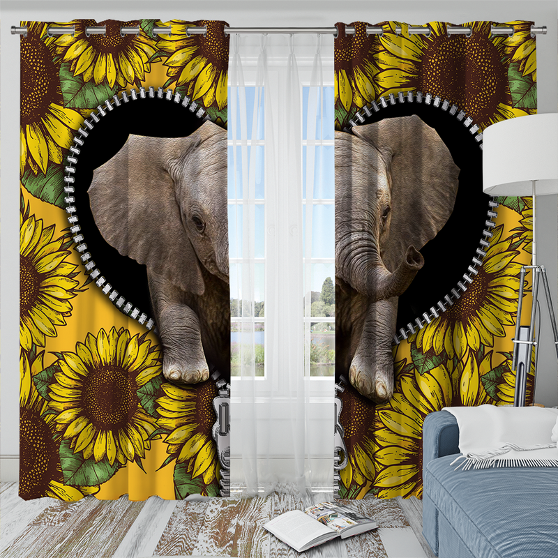 Elephant Sunflower Zipper Window Curtain