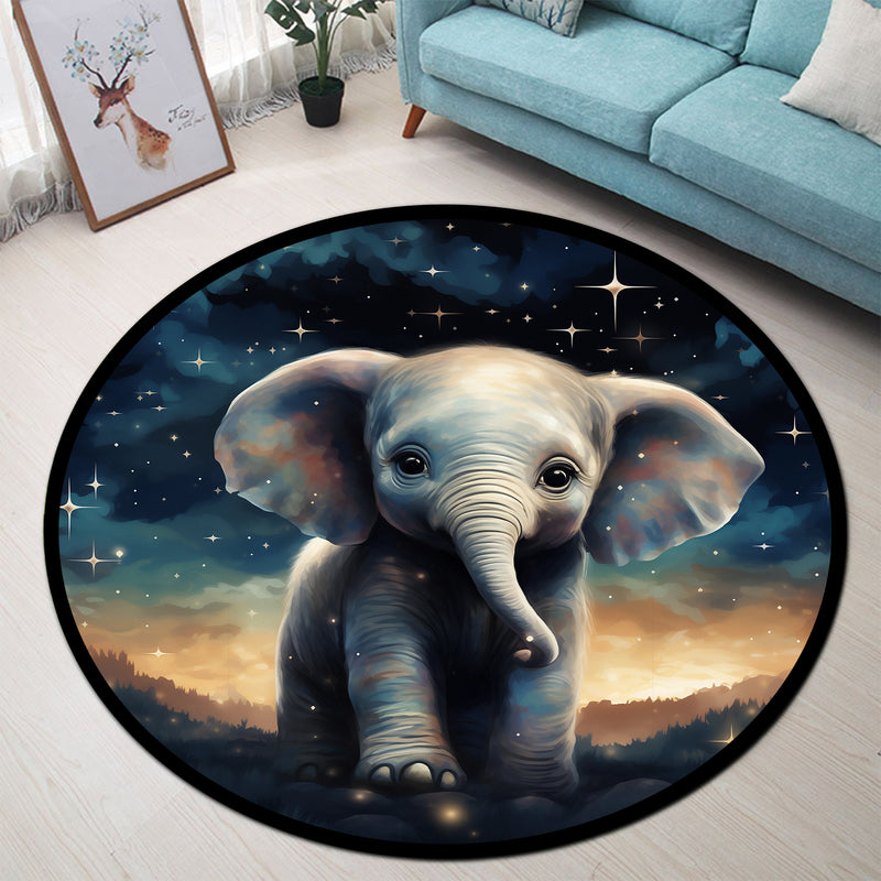 Baby Elephant Starry Night Round Rug