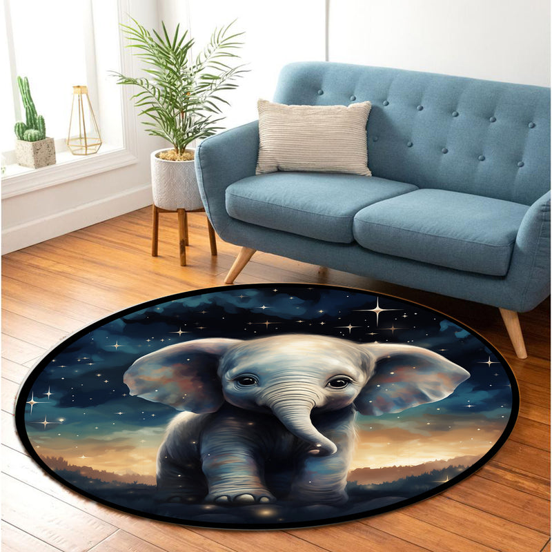 Baby Elephant Starry Night Round Rug