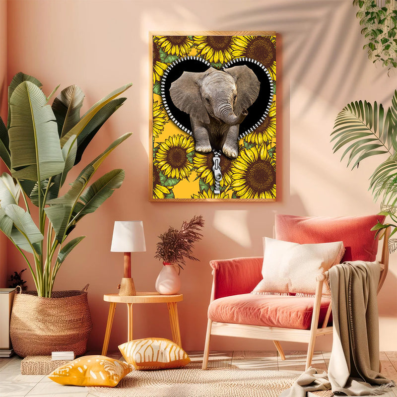 Elephant Sunflower Zipper - Living Room - Canvas Wall Art - Print - Wall Decor