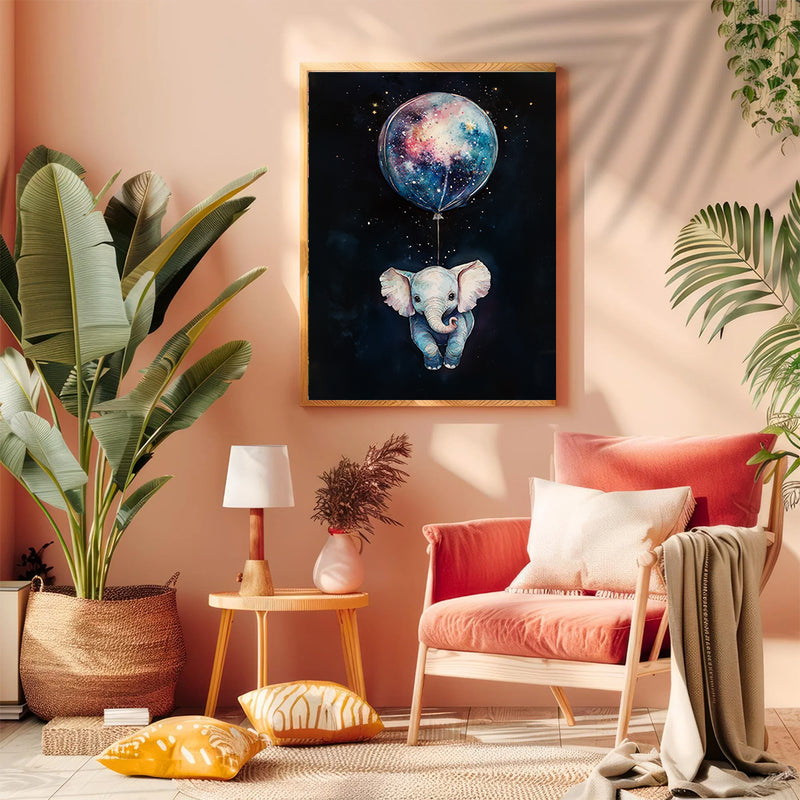 Baby Elephant Galaxy Balloon Adventure - Living Room - Canvas Wall Art - Print - Wall Decor