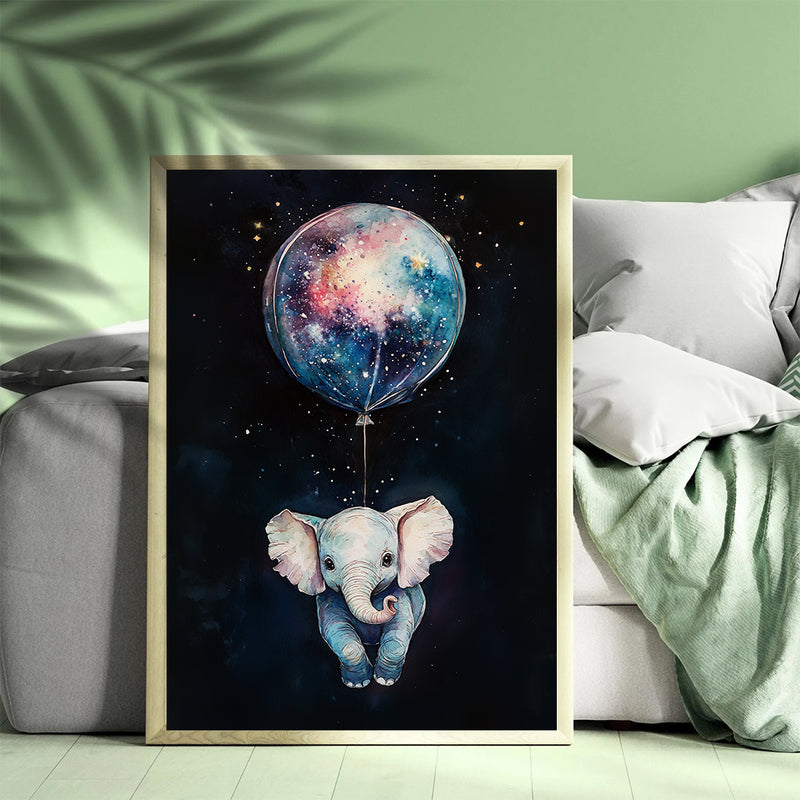 Baby Elephant Galaxy Balloon Adventure - Living Room - Canvas Wall Art - Print - Wall Decor