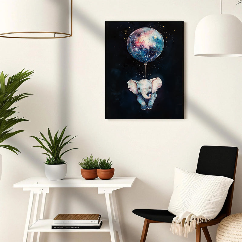 Baby Elephant Galaxy Balloon Adventure - Living Room - Canvas Wall Art - Print - Wall Decor