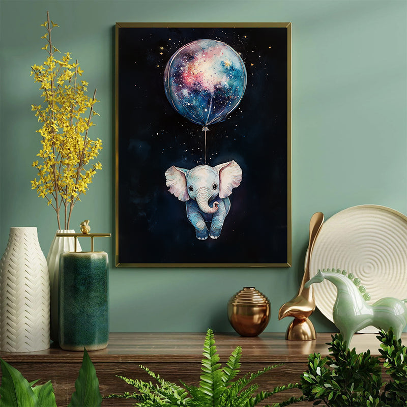 Baby Elephant Galaxy Balloon Adventure - Living Room - Canvas Wall Art - Print - Wall Decor