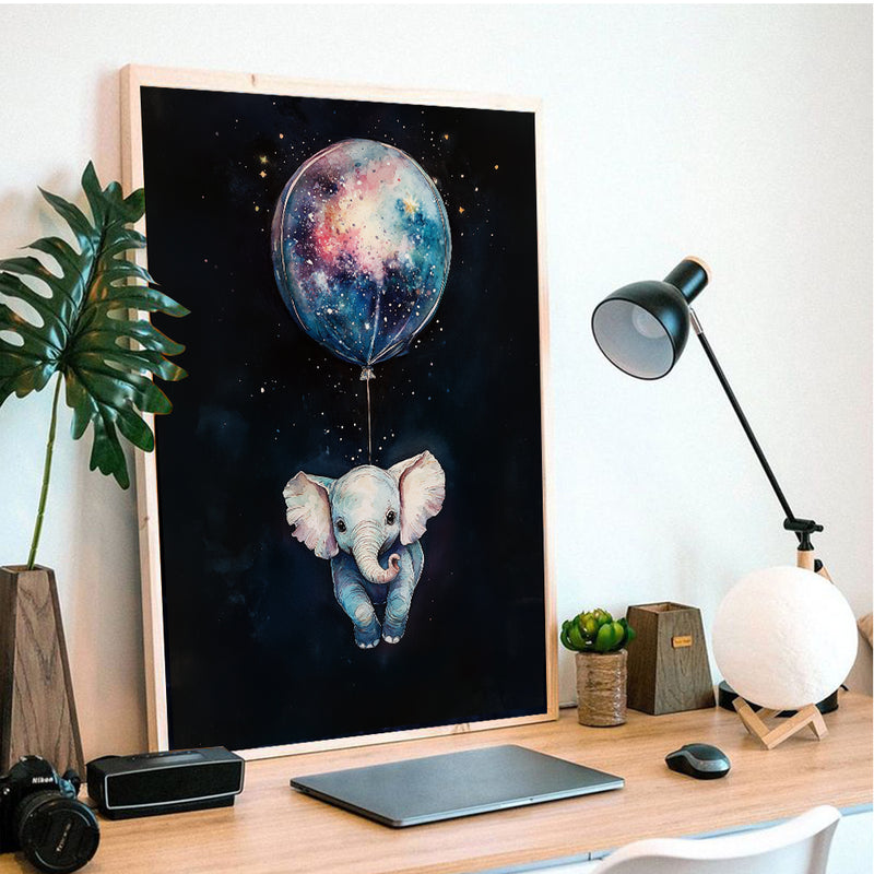 Baby Elephant Galaxy Balloon Adventure - Living Room - Canvas Wall Art - Print - Wall Decor