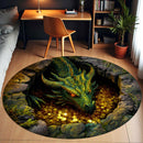 Fantasy 3D Dragon Protects Coin Cave Carpet Round Rug