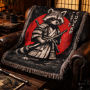 Fight Me Coward Retro Samurai Raccoon Woven Throw Blanket