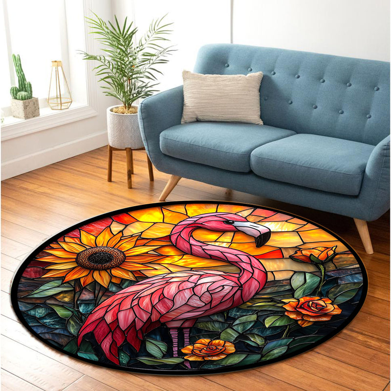 Flamingo Bird Stained Glass Round Rug