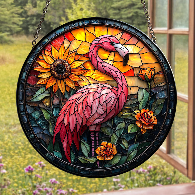 Flamingo Bird Round Stained Glass Suncatcher