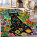 Floral Black Cat Rectangular Area Rug