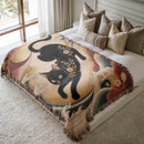 Floral Black Cat Japanese Inspired Art Woven Throw Blanket