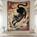 Floral Black Cat Japanese Inspired Art Woven Throw Blanket