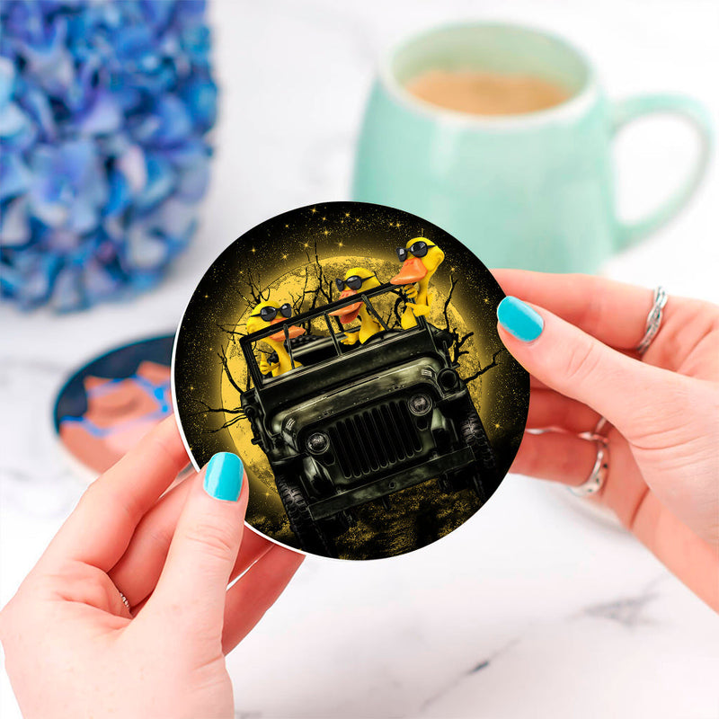 Funny Ducks Drive Jeep Moonlight Halloween Ceramic Decor Coaster - Gift Idea