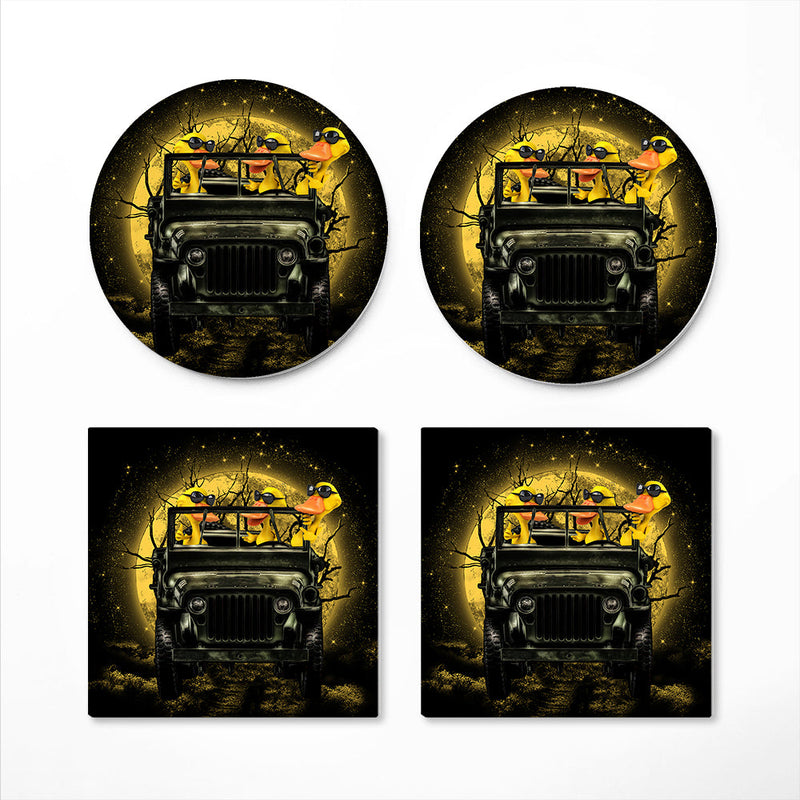 Funny Ducks Drive Jeep Moonlight Halloween Ceramic Decor Coaster - Gift Idea