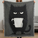 Funny Black Cat Coffee Woven Throw Blanket