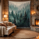 Misty Mountain Forest Nature Green Pines Scenery Woven Throw Blanket