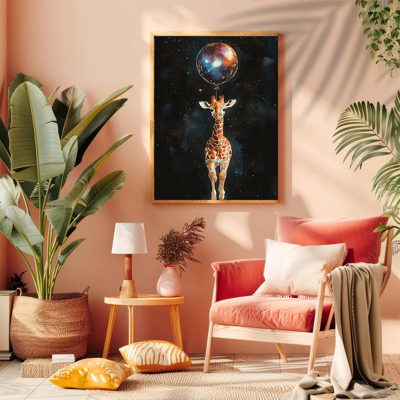 Baby Giraffe Galaxy Balloon Adventure - Living Room - Canvas Wall Art - Print - Wall Decor