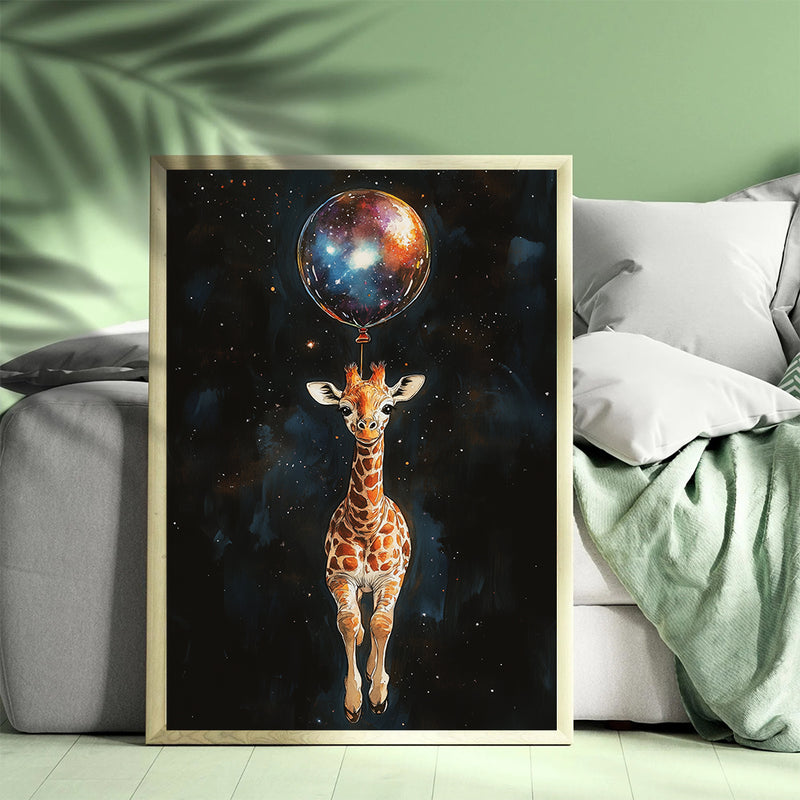 Baby Giraffe Galaxy Balloon Adventure - Living Room - Canvas Wall Art - Print - Wall Decor