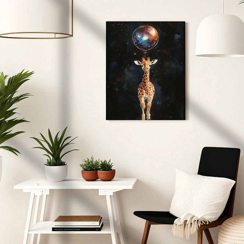 Baby Giraffe Galaxy Balloon Adventure - Living Room - Canvas Wall Art - Print - Wall Decor