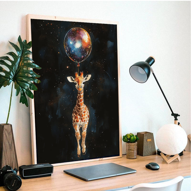 Baby Giraffe Galaxy Balloon Adventure - Living Room - Canvas Wall Art - Print - Wall Decor