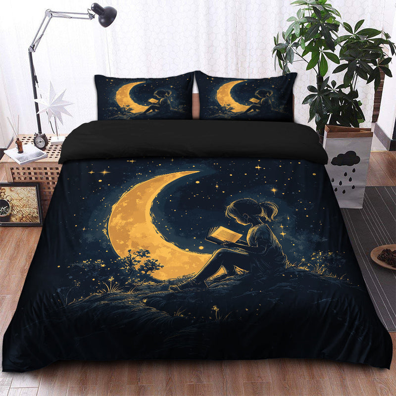 Girl Reading On A Crescent Moon Bedding Set Duvet Cover And 2 Pillowcases