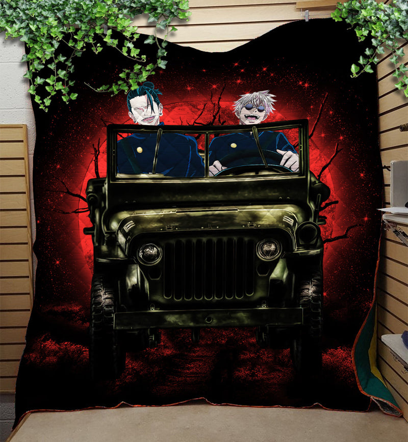 Gojo Geto Jujutsu Kaisen Ride Jeep Funny Moonlight Halloween Quilt Blanket Nearkii