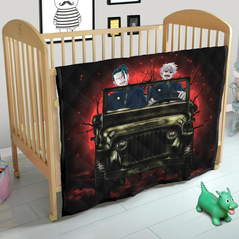 Gojo Geto Jujutsu Kaisen Ride Jeep Funny Moonlight Halloween Quilt Blanket Nearkii