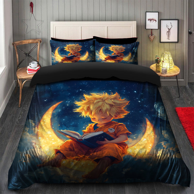 Goku Reading On A Crescent Moon Bedding Set Duvet Cover And 2 Pillowcases