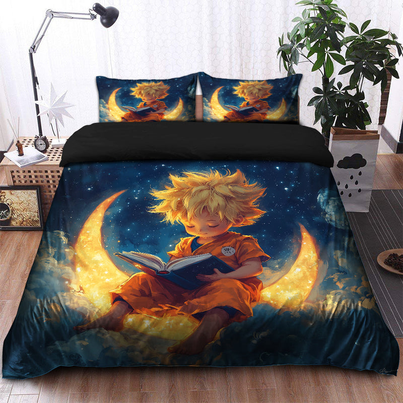 Goku Reading On A Crescent Moon Bedding Set Duvet Cover And 2 Pillowcases