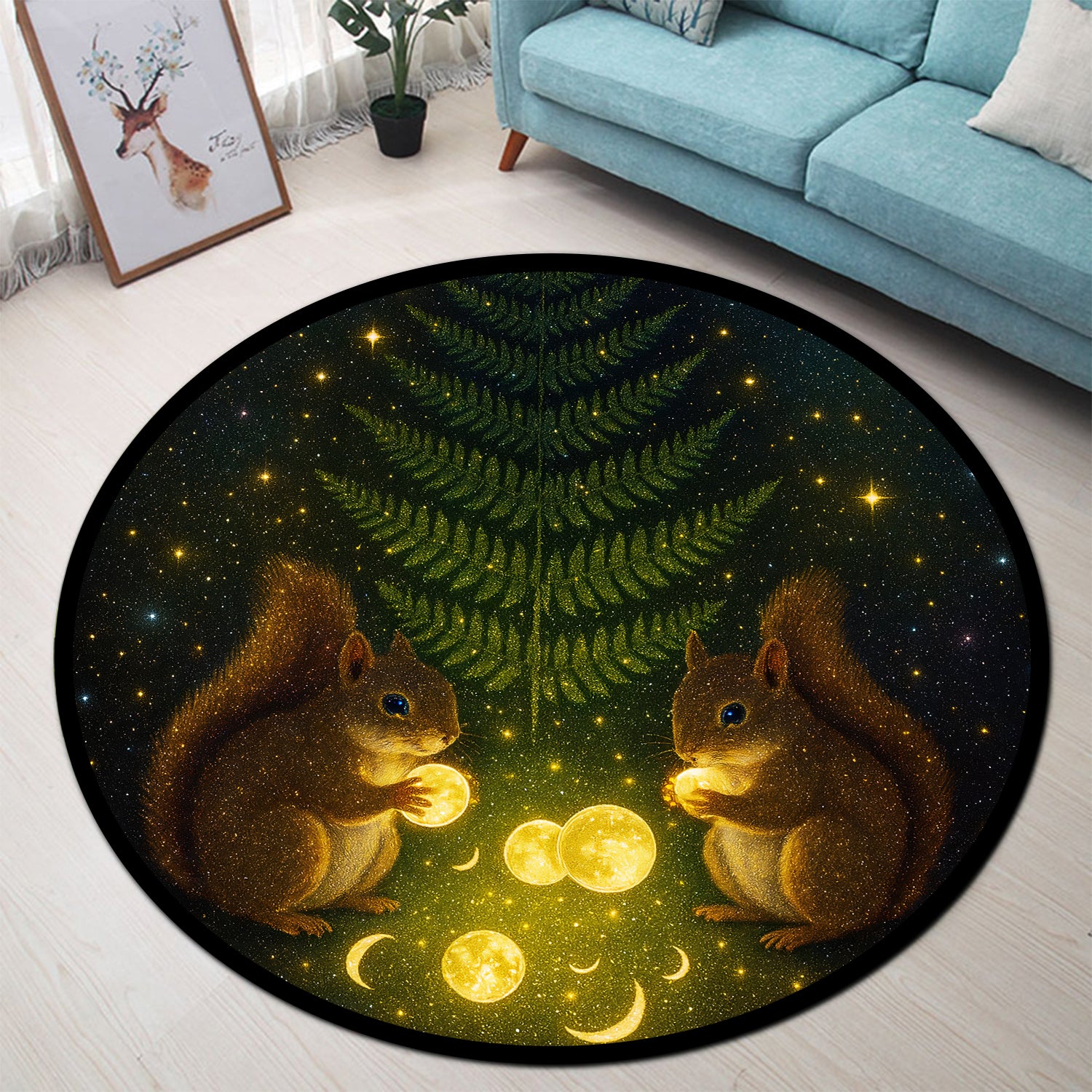 Golden Squirrels Cosmic Carpet Round Rug