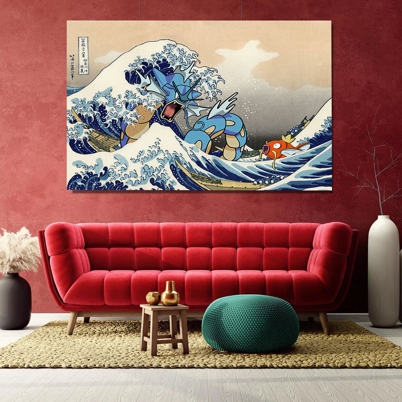 Gyarados Magikarp The Great Wave Japan - Living Room - Canvas Wall Art - Print - Wall Decor