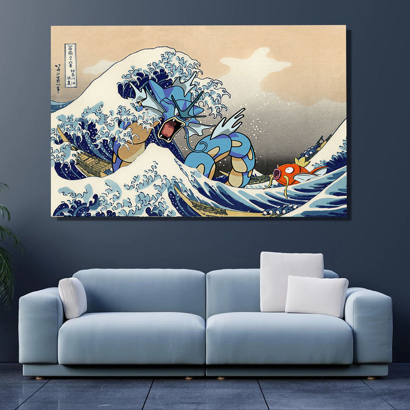 Gyarados Magikarp The Great Wave Japan - Living Room - Canvas Wall Art - Print - Wall Decor