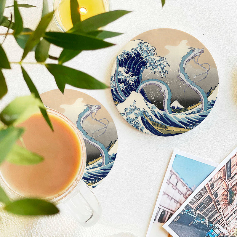 Haku Dragon Ghibli Studio Spirited Away The Great Wave Japan Ceramic Decor Coaster - Gift Idea