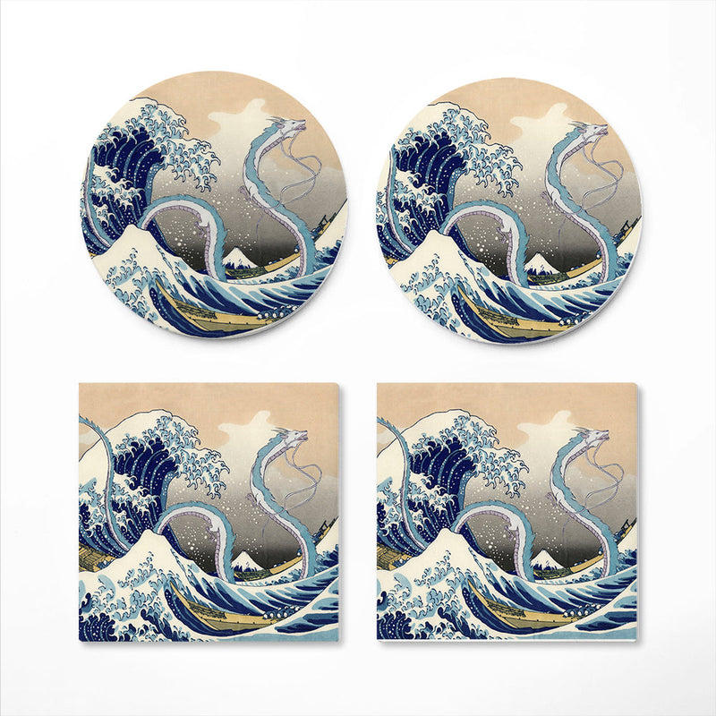 Haku Dragon Ghibli Studio Spirited Away The Great Wave Japan Ceramic Decor Coaster - Gift Idea