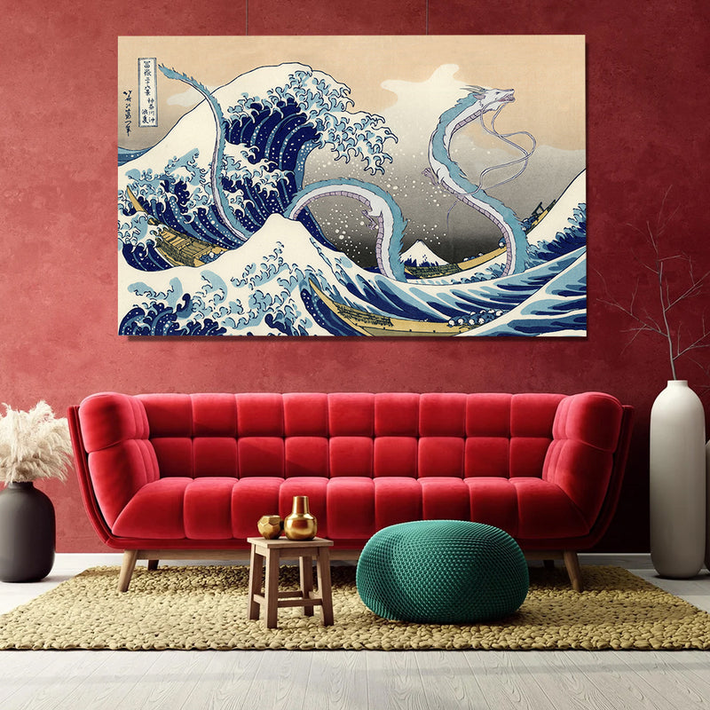 Haku Dragon Ghibli Studio Spirited Away The Great Wave Japan - Living Room - Canvas Wall Art - Print - Wall Decor