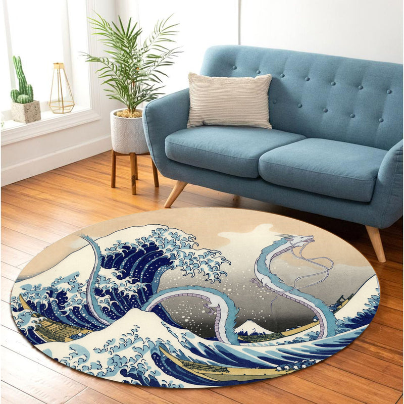 Haku Dragon Ghibli Studio Spirited Away The Great Wave Japan Round Rug