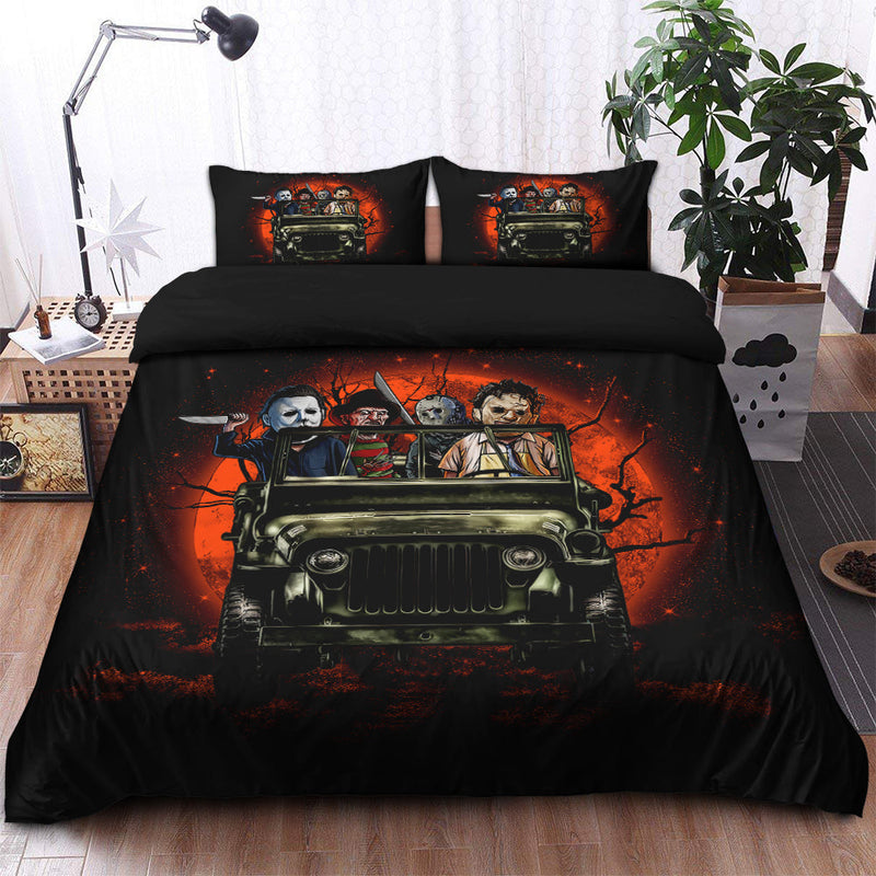 Halloween Horror Movies Ride Jeep Funny Moonlight Bedding Set Duvet Cover And 2 Pillowcases Nearkii