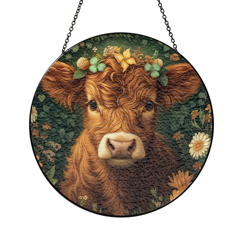 Highland Cow Flower Stained Glass Suncatcher