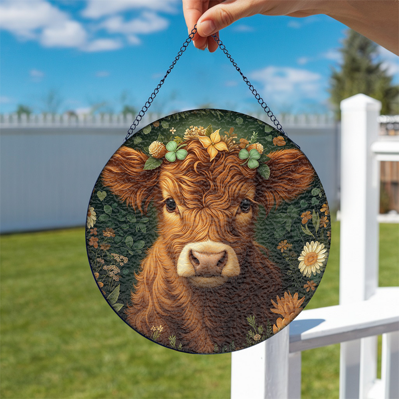 Highland Cow Flower Stained Glass Suncatcher