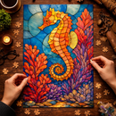 Seahorse Coral Stained Glass Jigsaw Puzzle