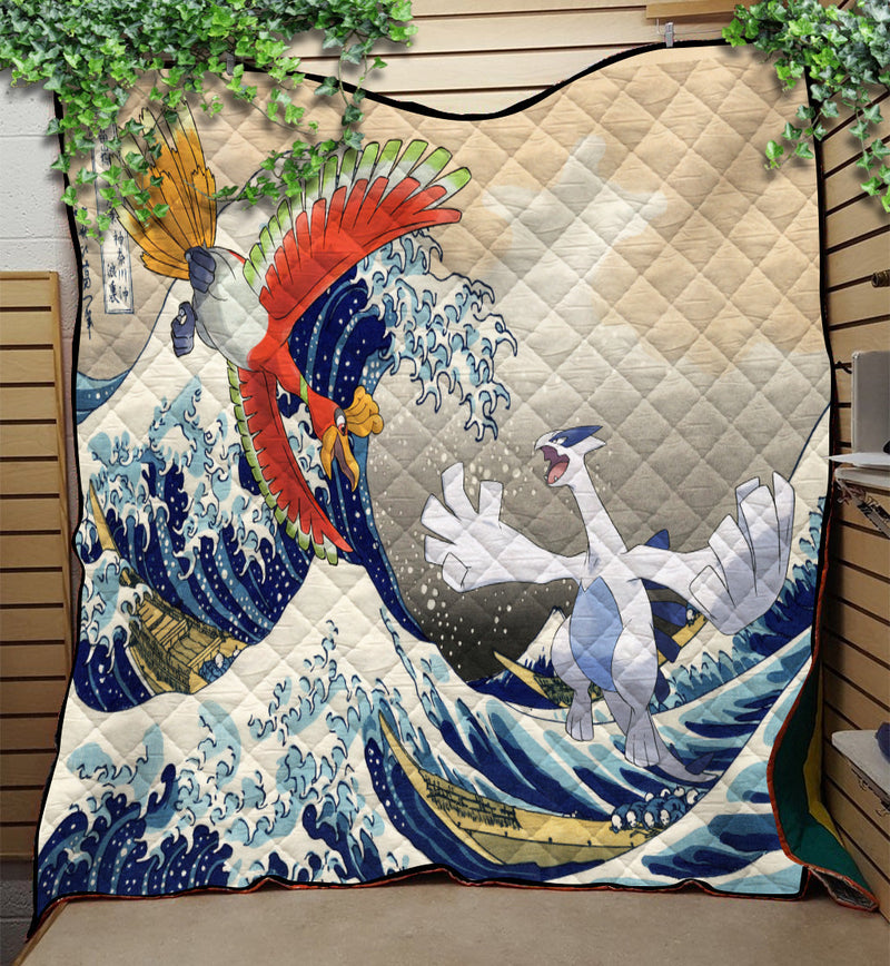 Hoho vs Lugia Pokemon The Great Wave Quilt Blanket