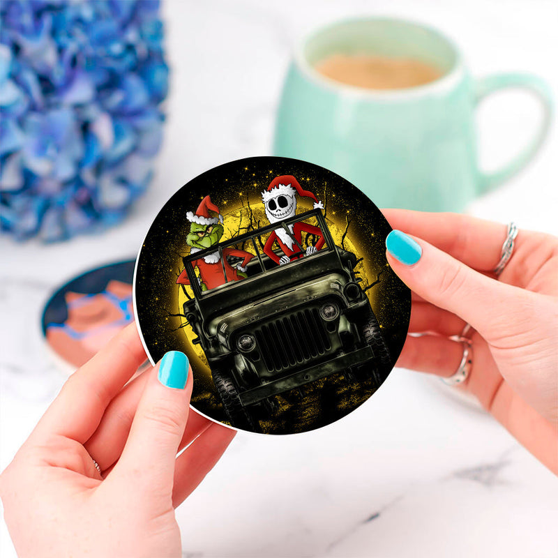 Jack Nightmare Before Christmas And Grinch Ride Jeep Moonlight Hallowwen Ceramic Decor Coaster - Gift Idea