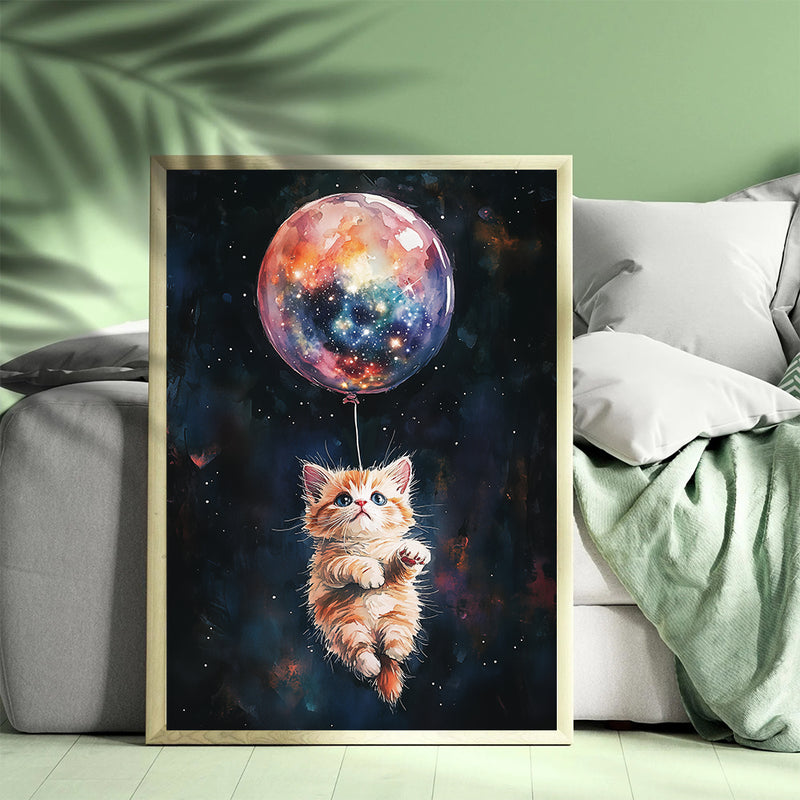 Kitty Cat Galaxy Balloon Adventure - Living Room - Canvas Wall Art - Print - Wall Decor