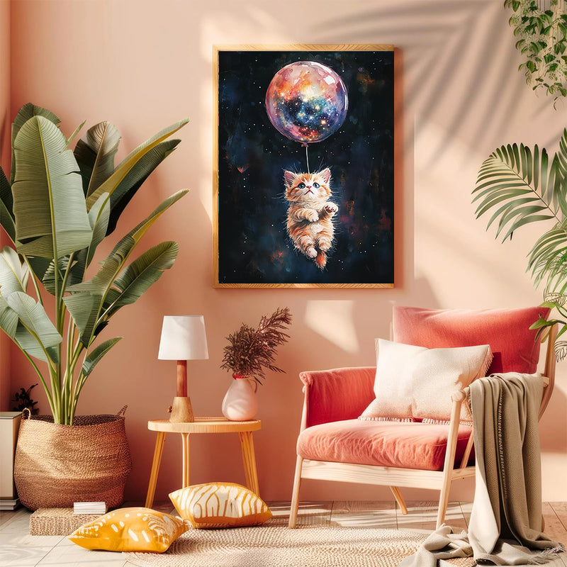 Kitty Cat Galaxy Balloon Adventure - Living Room - Canvas Wall Art - Print - Wall Decor